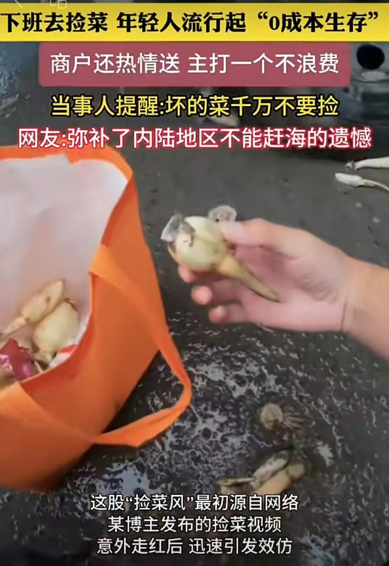 ▲近段时间,年轻人下班去菜市场捡菜的视频突然火了。图/河南广播电视视频截图