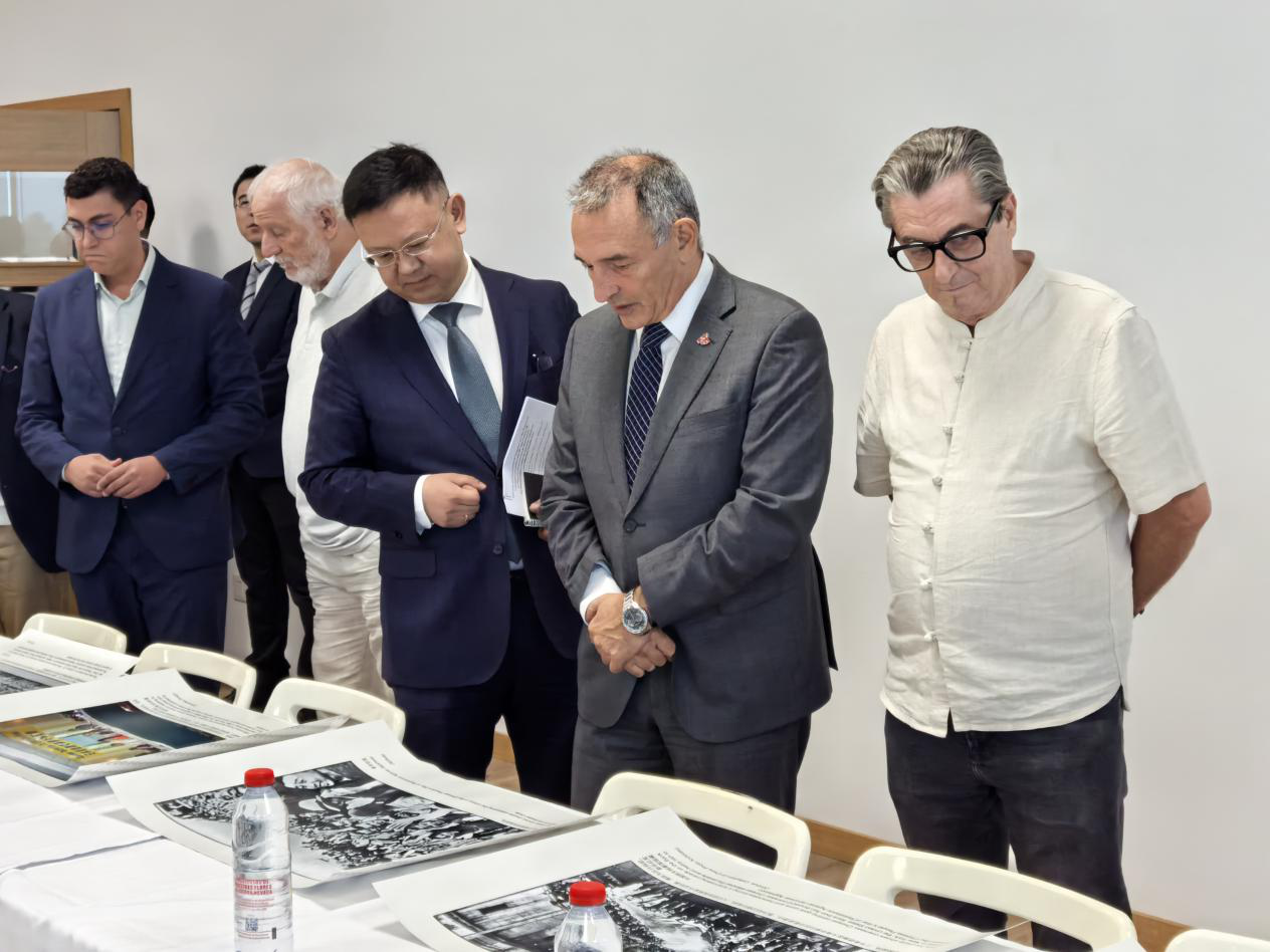 出席研讨会的嘉宾参观纪念中国人民抗战胜利图片展。中国驻西班牙大使馆供图